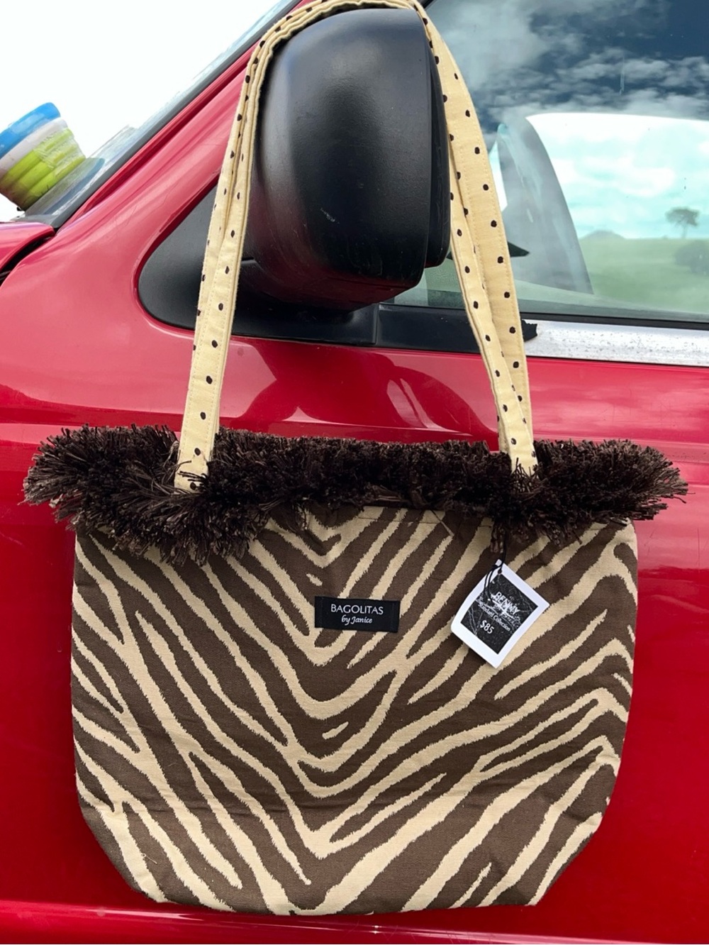 NWT Bagolitas by Janice Zebra Print Canvas Tote Purse with Fringe Trim &...